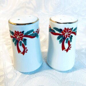VNTG Tienshan China Salt & Pepper Shaker Set Poinsettias & Ribbons EUC (No Box)
